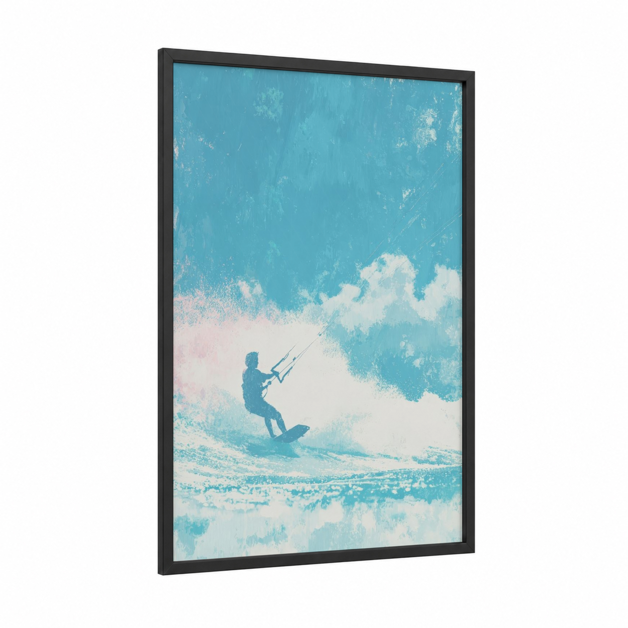 Aerial Kite Surfer framed kite surfing print — black wood frame — turquoise and white palette
