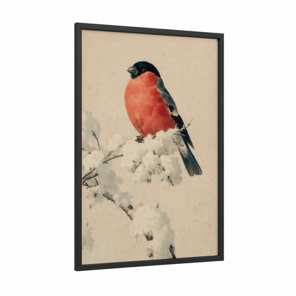 Snowy Finch framed art print — black wood frame — red and white palette