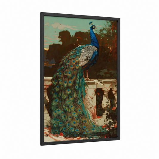 Royal Peacock framed art print — black wood frame — teal and gold palette