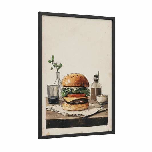 Gourmet Burger Setup framed fast food print — black wood frame — cream and russet palette