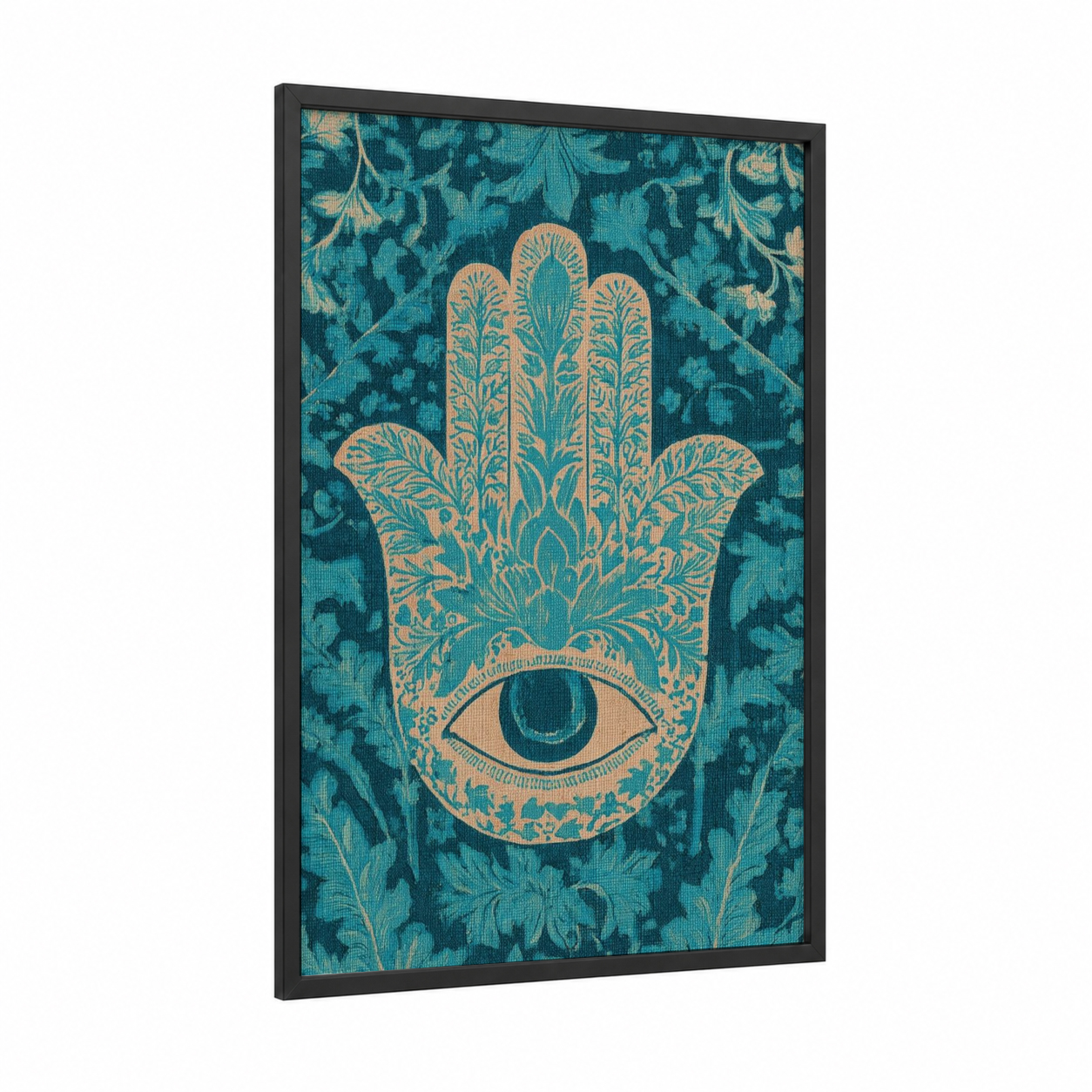 Hamsa Blessing Hand framed judaism print — black wood frame — teal and gold palette