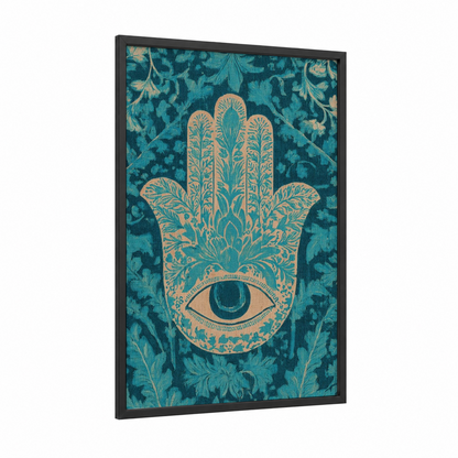 Hamsa Blessing Hand framed judaism print — black wood frame — teal and gold palette