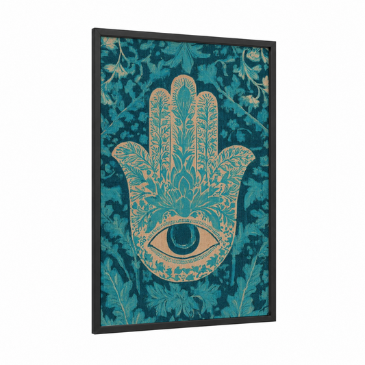Hamsa Blessing Hand framed judaism print — black wood frame — teal and gold palette