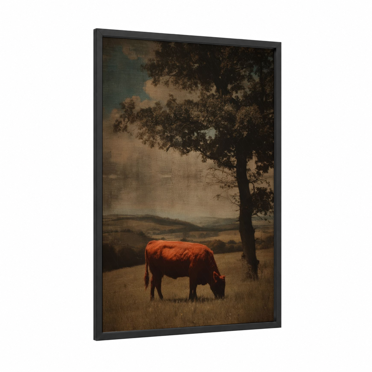 Rustic Hereford framed hereford cow print — black wood frame — brown and gold palette