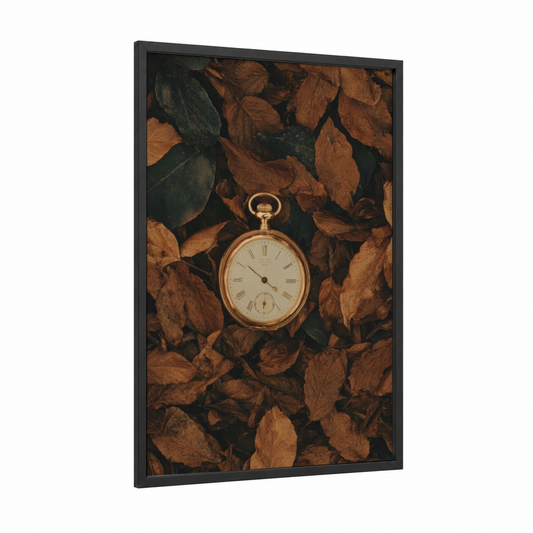 Autumn Pocket Watch framed clock print — black wood frame — brown and gold palette