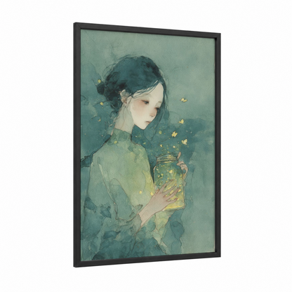 Firefly Dreams framed fireflies print — black wood frame — sage green and gold palette