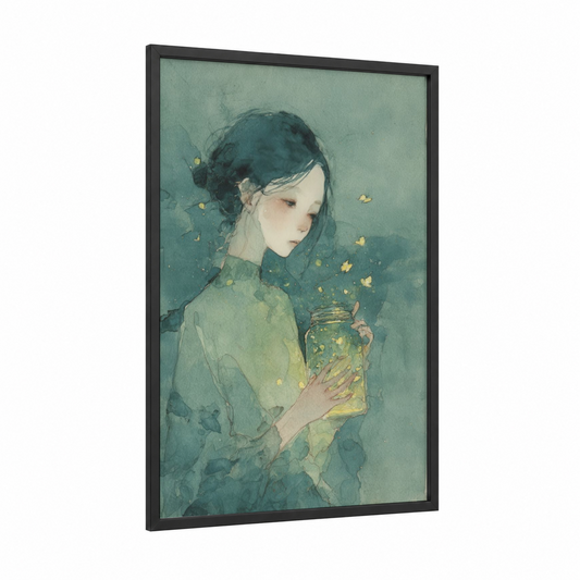 Firefly Dreams framed fireflies print — black wood frame — sage green and gold palette