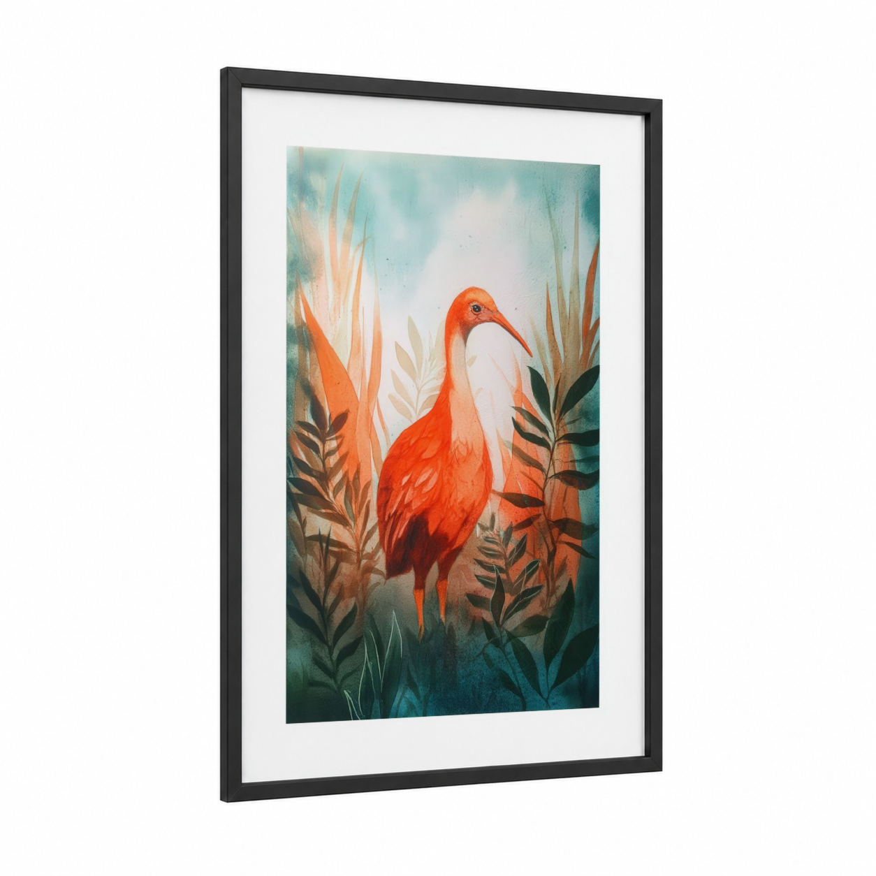 Crimson Kiwi framed art print — black wood frame — orange and teal palette