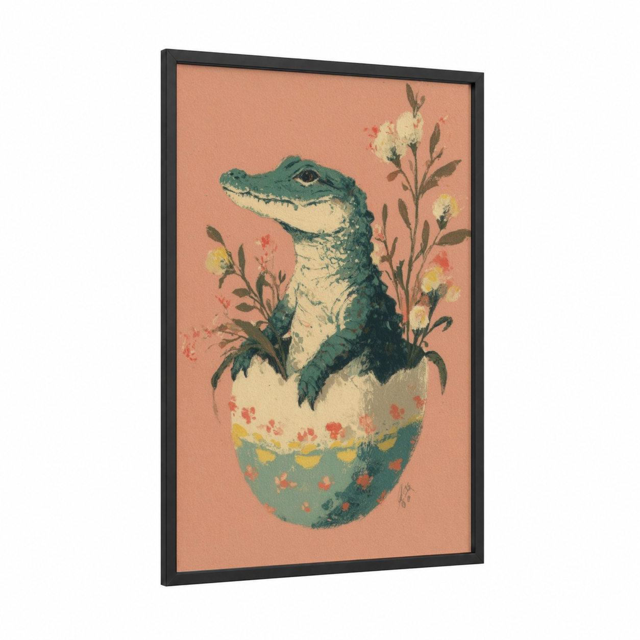 Potted Alligator framed art print — black wood frame — peach and dark green palette