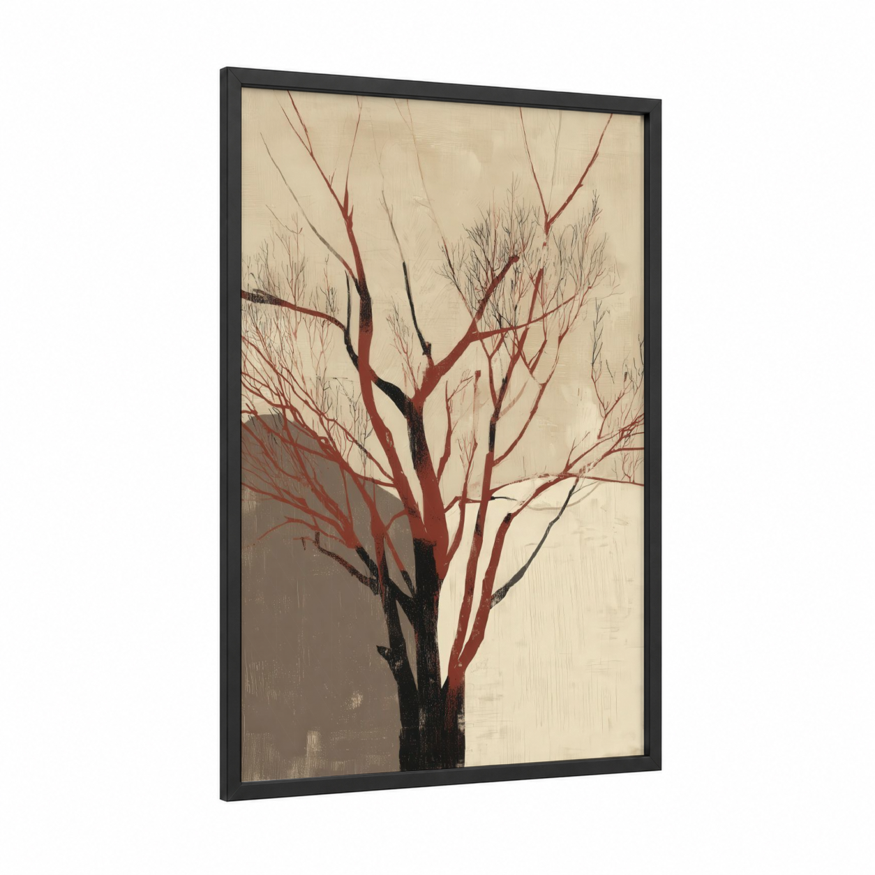 Crimson Banyan framed banyan tree print — black wood frame — maroon and cream palette