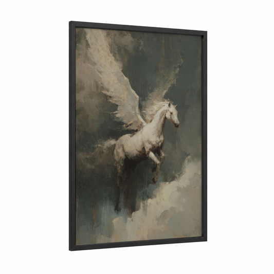 Celestial Pegasus framed art print — black wood frame — cream and gray palette