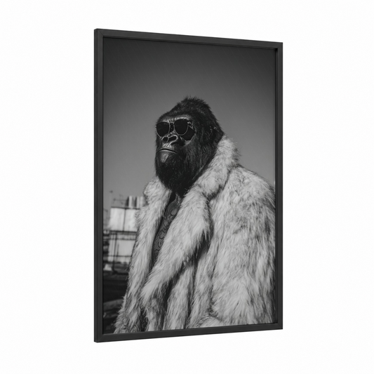 Cool Gorilla framed art print — black wood frame — black and white palette