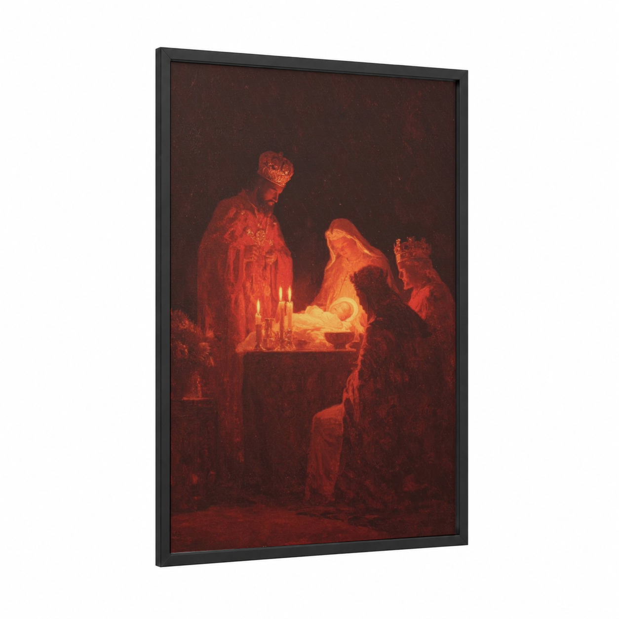 Nativity Adoration framed epiphany print — black wood frame — gold and red palette