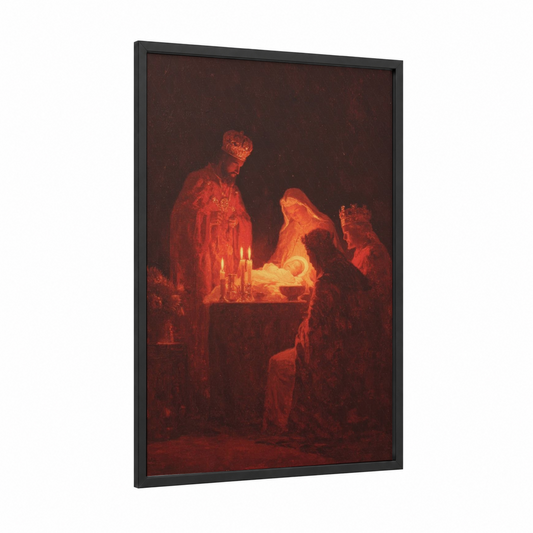 Nativity Adoration framed epiphany print — black wood frame — gold and red palette