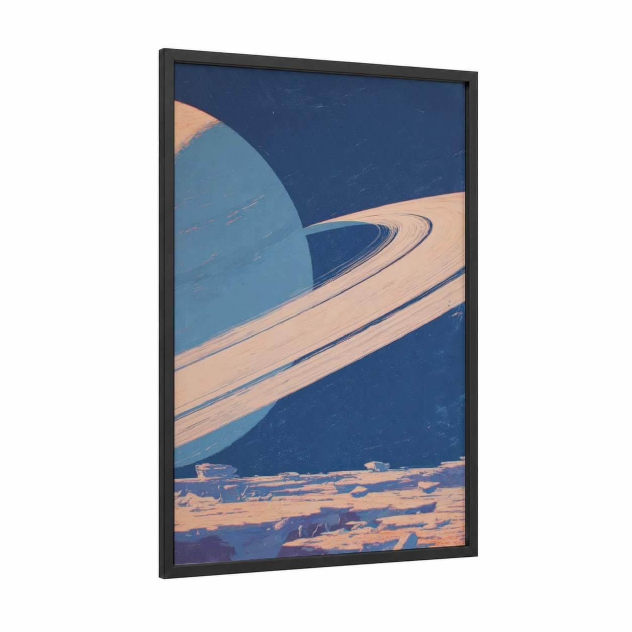 Saturn's Rings framed space print — black wood frame — dark blue and peach palette