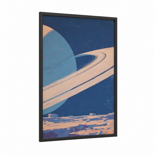 Saturn's Rings framed space print — black wood frame — dark blue and peach palette