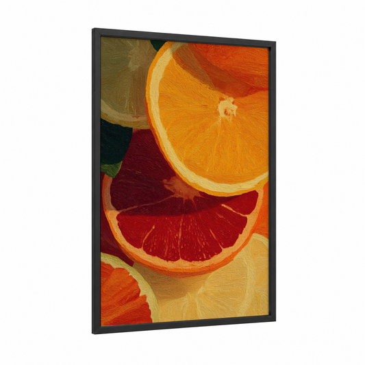 Citrus Breakfast framed art print — black wood frame — orange and red palette