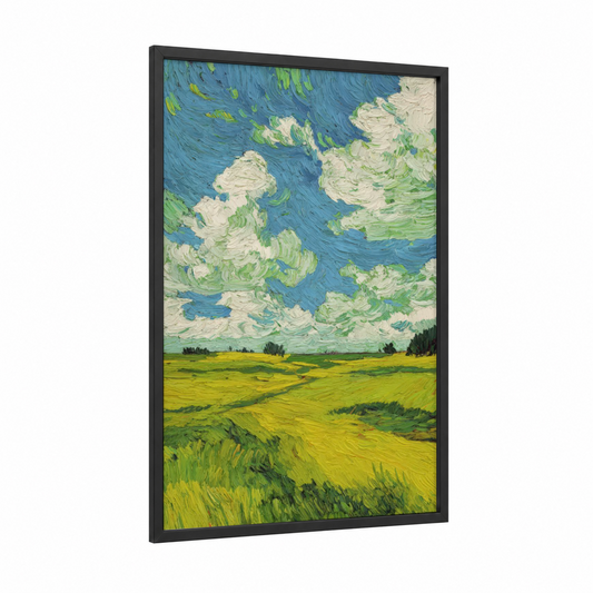 Luminous Green Field framed art print — black wood frame — blue and yellow gold palette