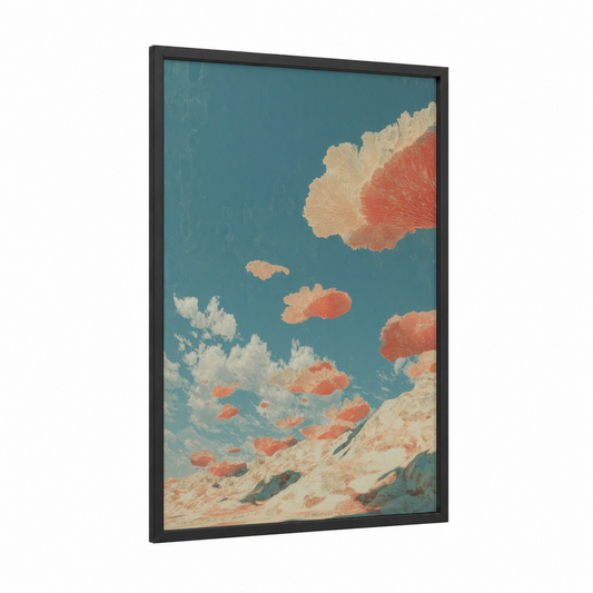 Coral Dream Sky framed art print — black wood frame — teal and peach palette