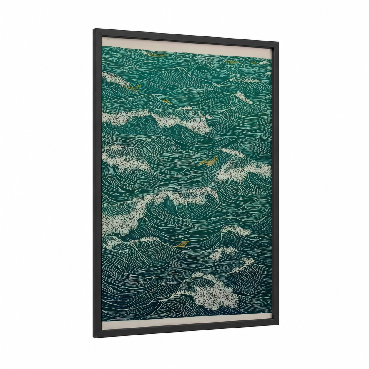 Rolling Ocean Waves framed seascapes and ocean print — black wood frame — teal and gold palette