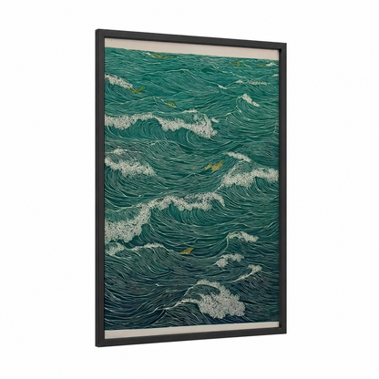 Rolling Ocean Waves framed seascapes and ocean print — black wood frame — teal and gold palette