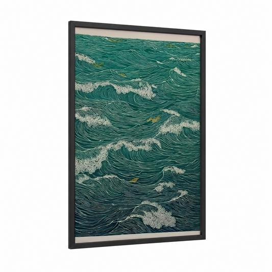Rolling Ocean Waves framed seascapes and ocean print — black wood frame — teal and gold palette