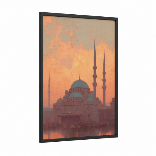 Golden Mosque Dawn framed art print — black wood frame — peach and gold palette