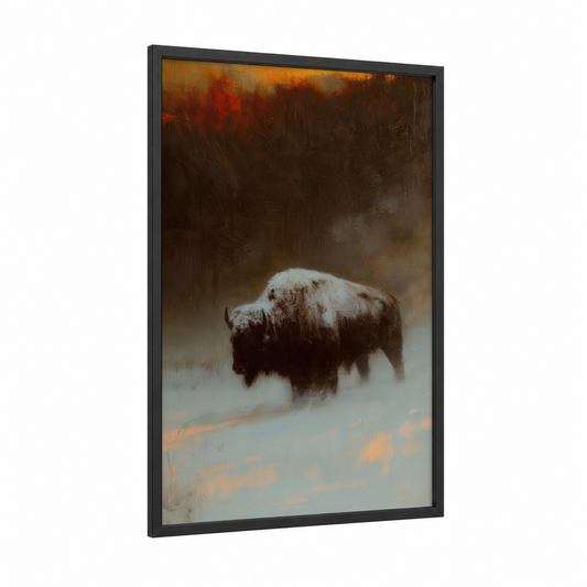 Snowy Bison framed art print — black wood frame — gold and brown palette
