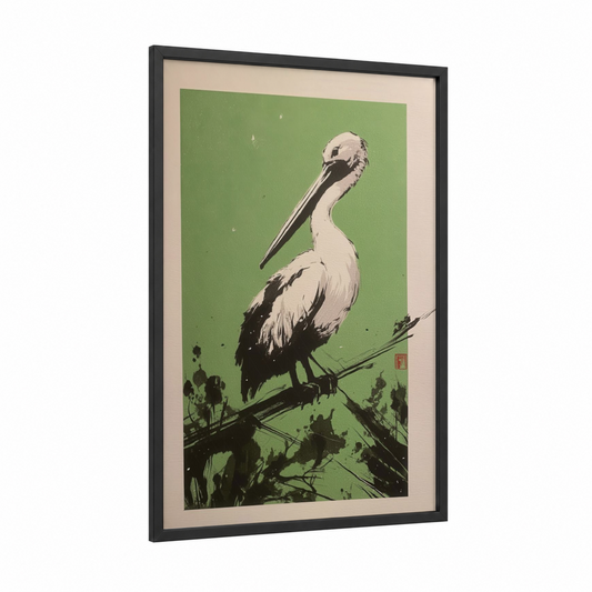 Green Pelican framed art print — black wood frame — green and black and white palette