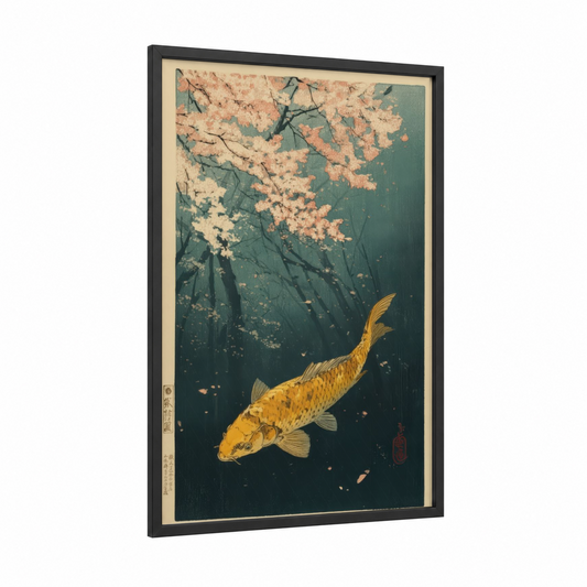 Golden Koi Wonder framed dragon fish print — black wood frame — teal and gold palette