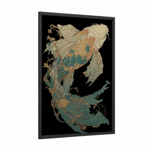 Jade Koi Pair framed koi fish print — black wood frame — teal and gold palette
