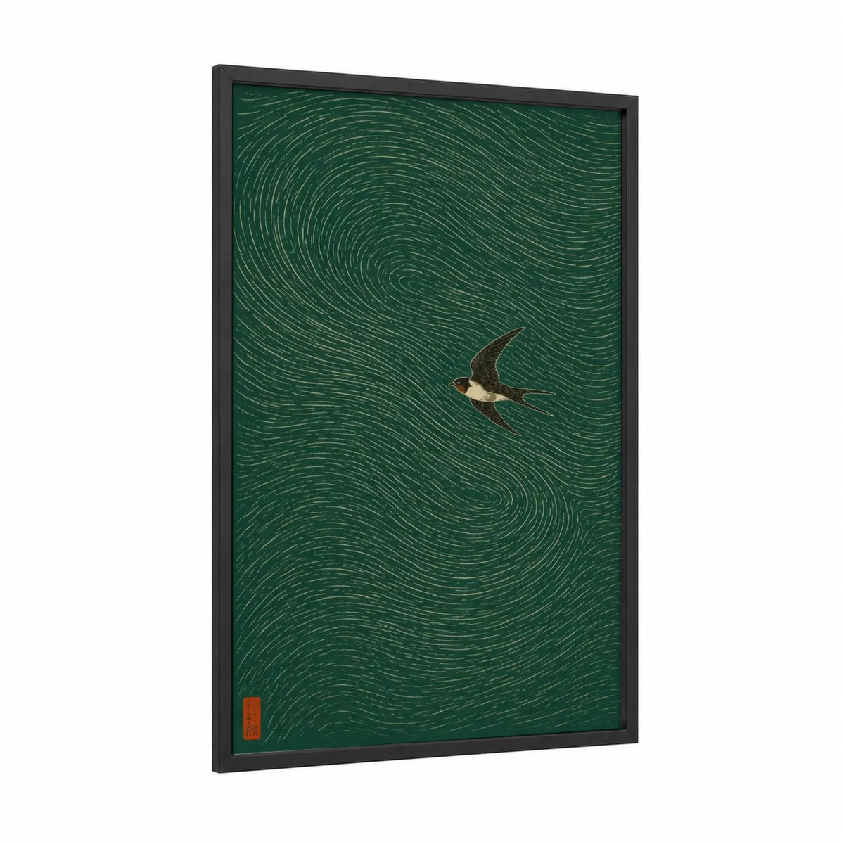 Japanese Swallow in Flight Wall Art framed songbird print — black wood frame — dark green and true green palette