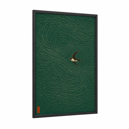 Japanese Swallow in Flight Wall Art framed songbird print — black wood frame — dark green and true green palette