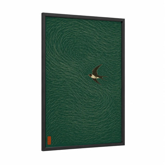 Japanese Swallow in Flight Wall Art framed songbird print — black wood frame — dark green and true green palette