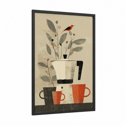 Botanical Coffee framed art print — black wood frame — beige and red palette