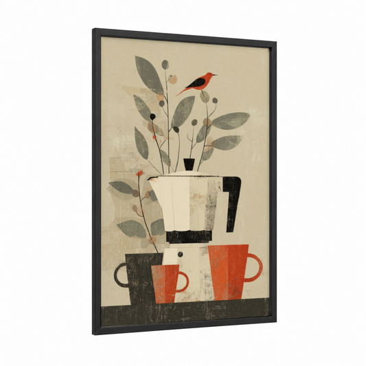 Botanical Coffee framed art print — black wood frame — beige and red palette