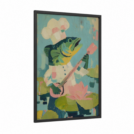 Chef Bass framed art print — black wood frame — teal and pink palette
