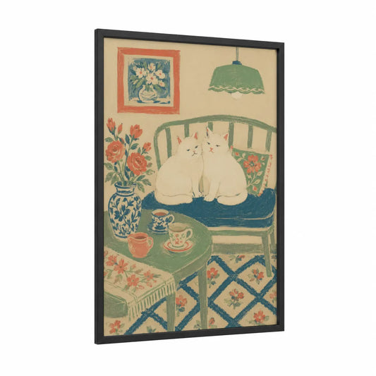 White Cats on Vintage Bench Wall Art framed art print — black wood frame — cream and sage green palette