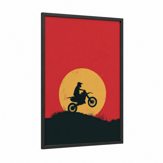 Sunset Stunt Rider framed vintage motorcycle print — black wood frame — red and gold palette