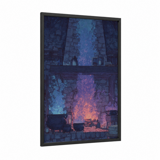 Mystical Fireplace framed art print — black wood frame — dark blue and magenta palette