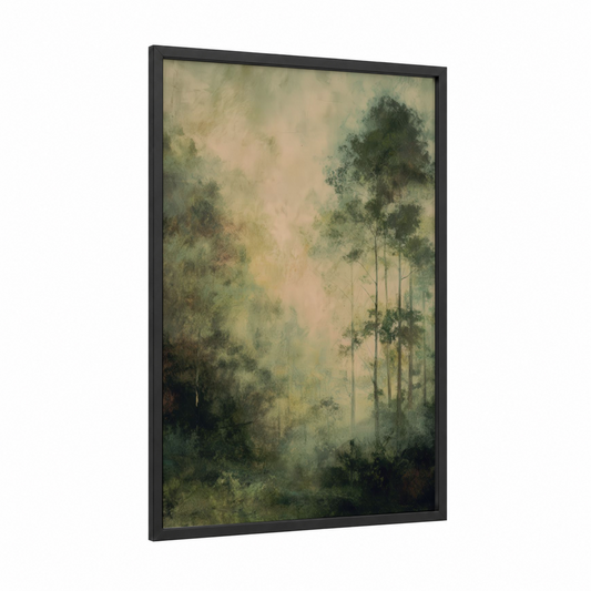 Misty Cedar Forest framed art print — black wood frame — sage green and beige palette
