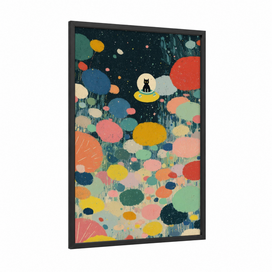 Cosmic Cat Adventure framed space print — black wood frame — teal and orange palette
