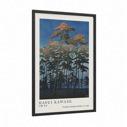 Golden Pine Forest framed art print — black wood frame — blue and gold palette