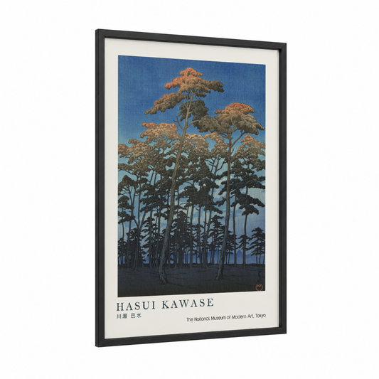 Golden Pine Forest framed art print — black wood frame — blue and gold palette