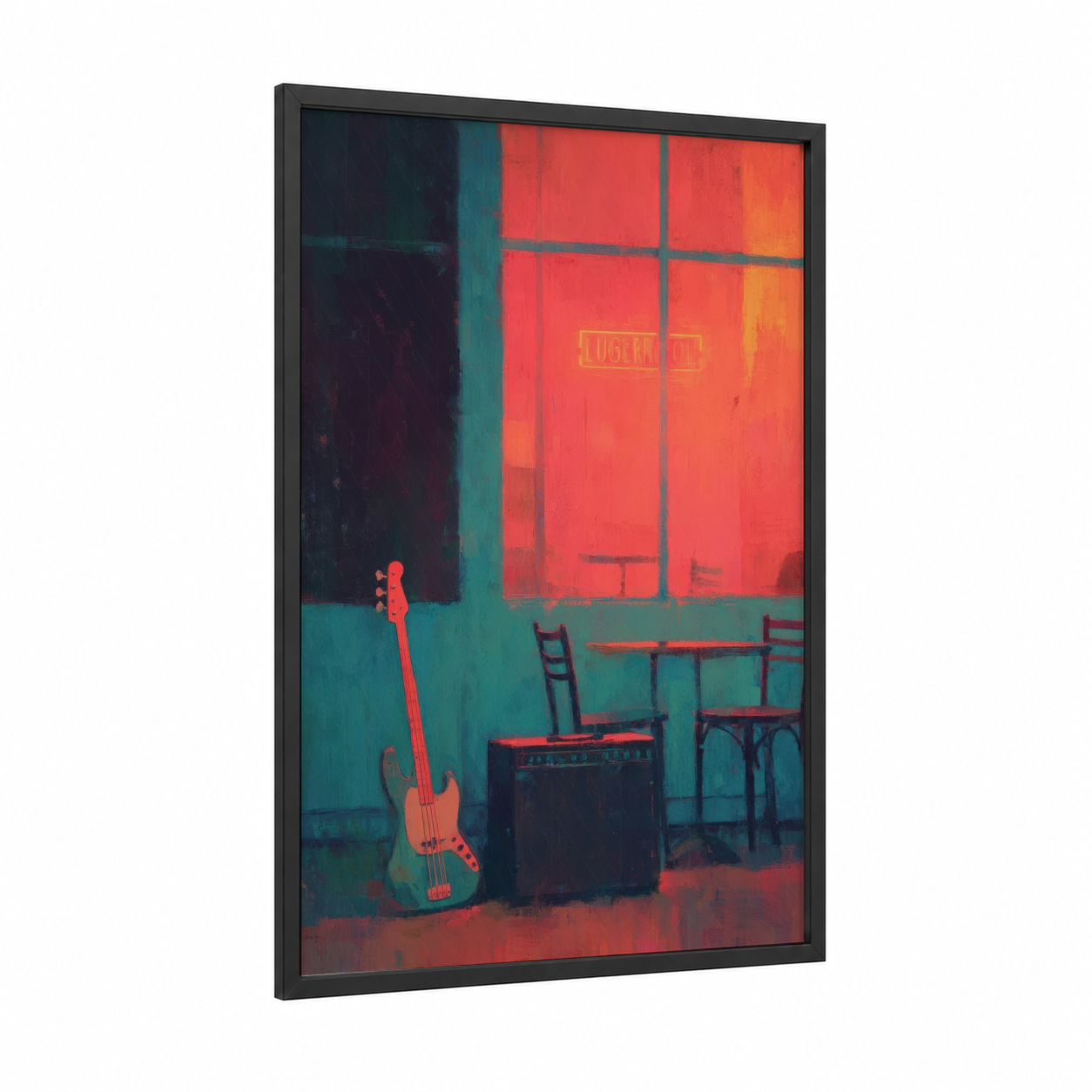 Neon Bass Studio framed bass guitar print — black wood frame — red and teal palette