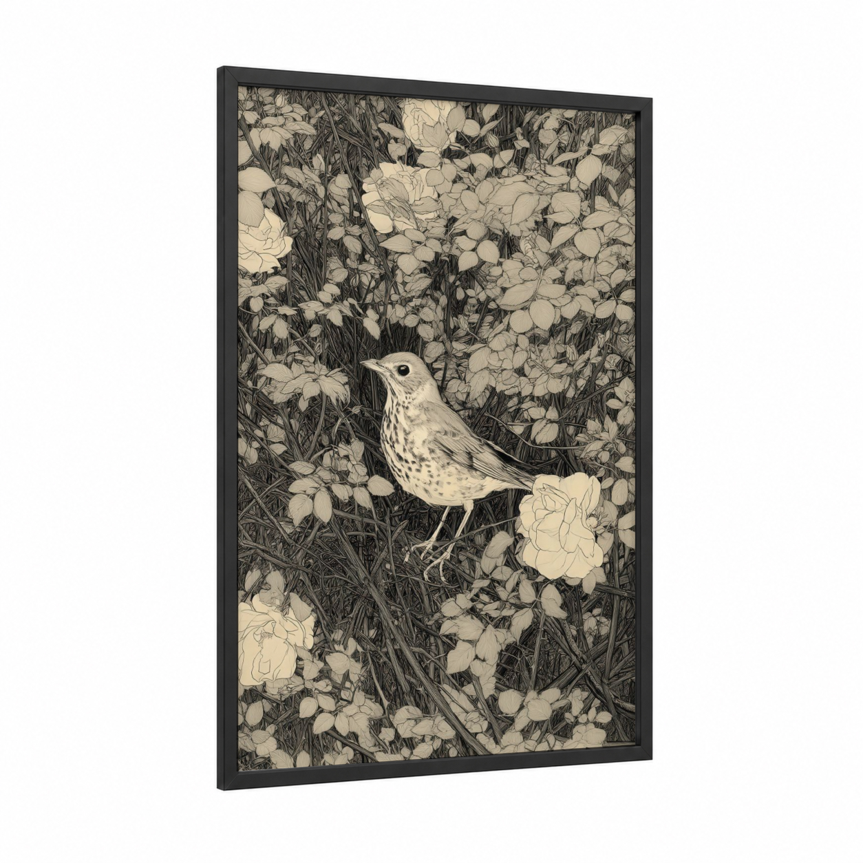 Spotted Thrush Bloom framed art print — black wood frame — black and white and cream palette