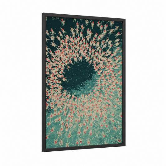 Synchronized Swimmers Aerial framed synchronized swimming print — black wood frame — teal and salmon pink palette