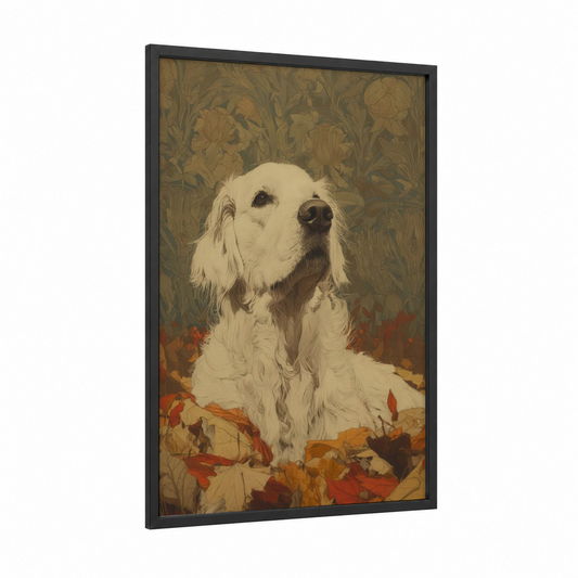 Autumn Retriever framed art print — black wood frame — cream and russet palette
