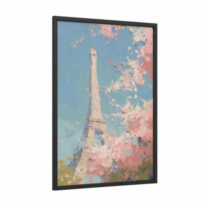 Pastel Eiffel Tower framed art print — black wood frame — blue and pink palette
