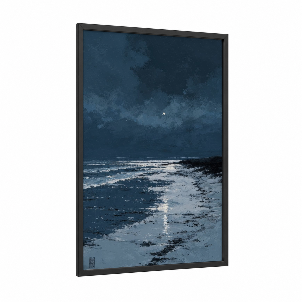 Moonlit Island framed art print — black wood frame — dark blue and blue and white palette